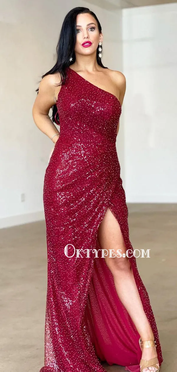 Charming One-shoulder Mermaid Side Slit Long Prom Dresses, PDS0281