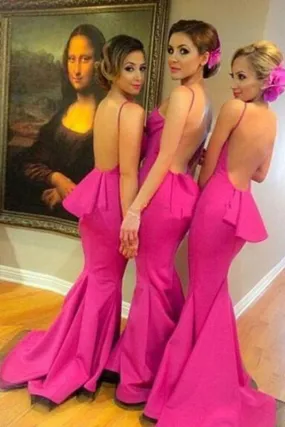 Chic Backless Fuchsia Mermaid Unique Straps Bridesmaid Dress