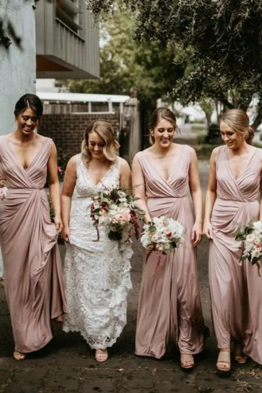 Chic V Neck Sleeveless Long Bridesmaid Dress