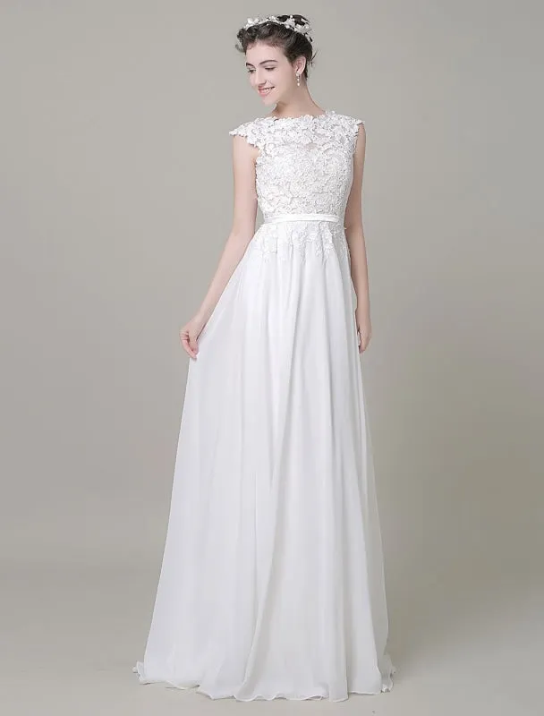 Chiffon Wedding Dress Bateau Lace Satin Sash Floor Length A Line Summer Bridal Dress