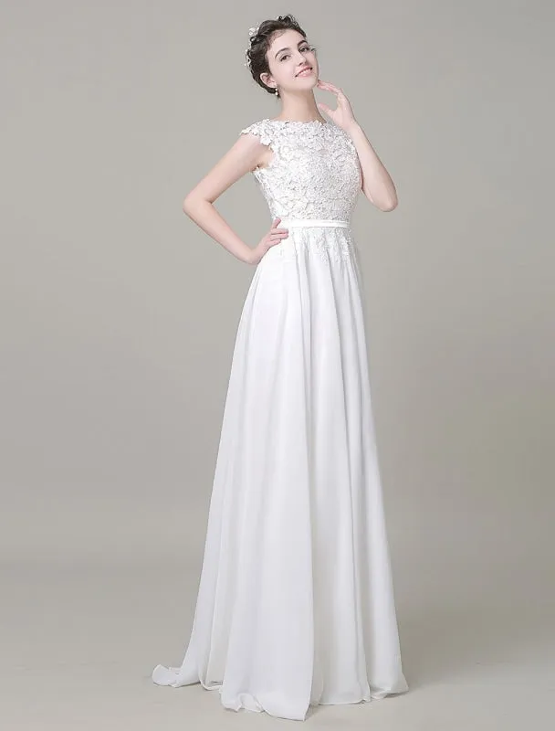 Chiffon Wedding Dress Bateau Lace Satin Sash Floor Length A Line Summer Bridal Dress