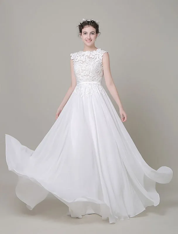 Chiffon Wedding Dress Bateau Lace Satin Sash Floor Length A Line Summer Bridal Dress