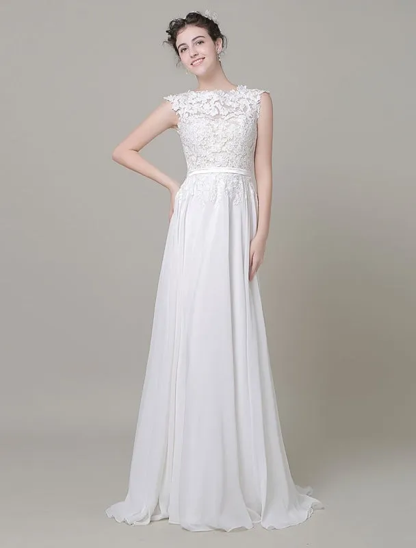 Chiffon Wedding Dress Bateau Lace Satin Sash Floor Length A Line Summer Bridal Dress