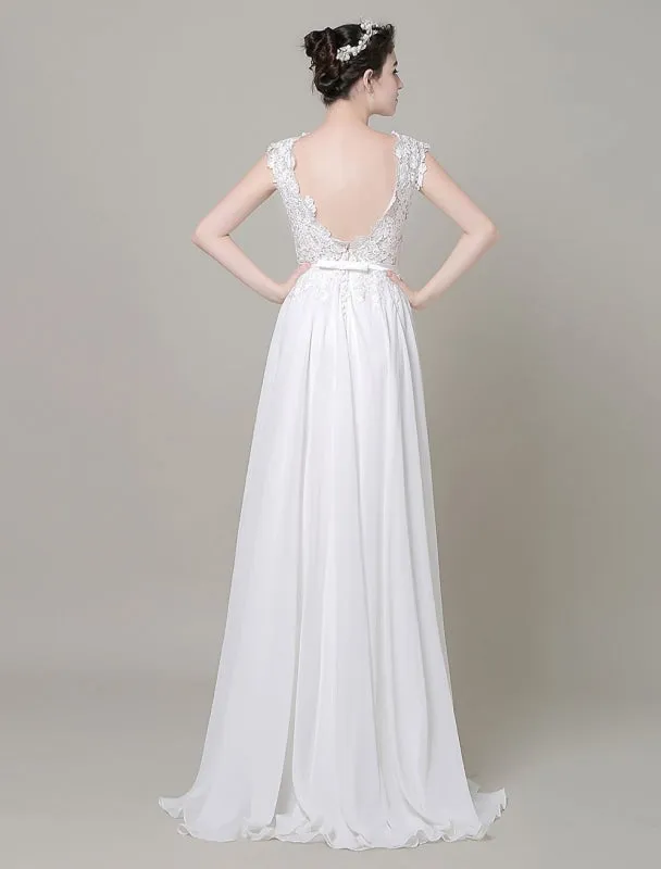 Chiffon Wedding Dress Bateau Lace Satin Sash Floor Length A Line Summer Bridal Dress