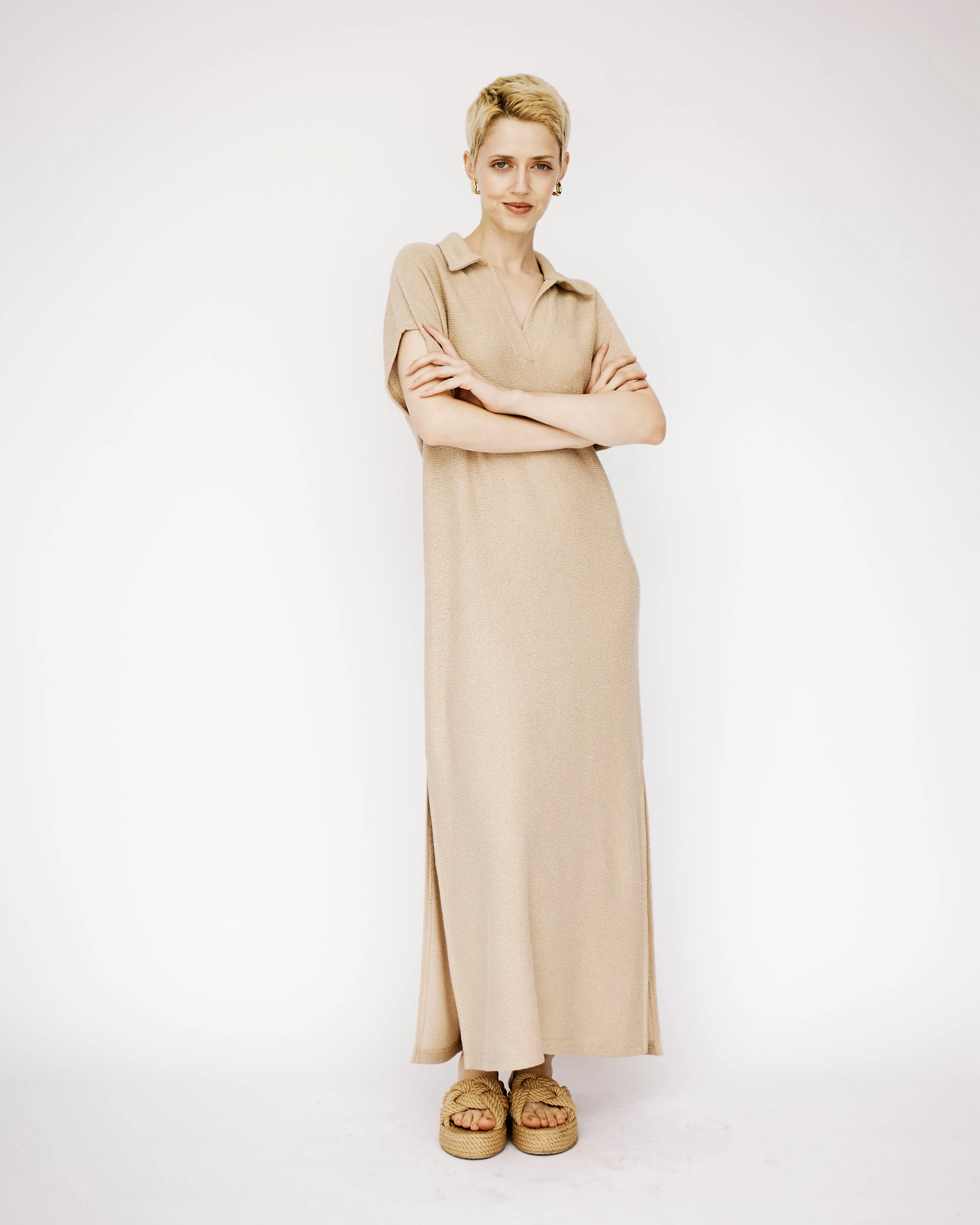 Collared Maxi Knit Dress in Natural