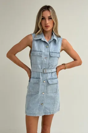 Cora Belted Shirt Dress In Light Denim