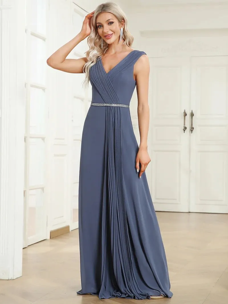 Deep V Neck Beading A Line Ruched Evening Dresses