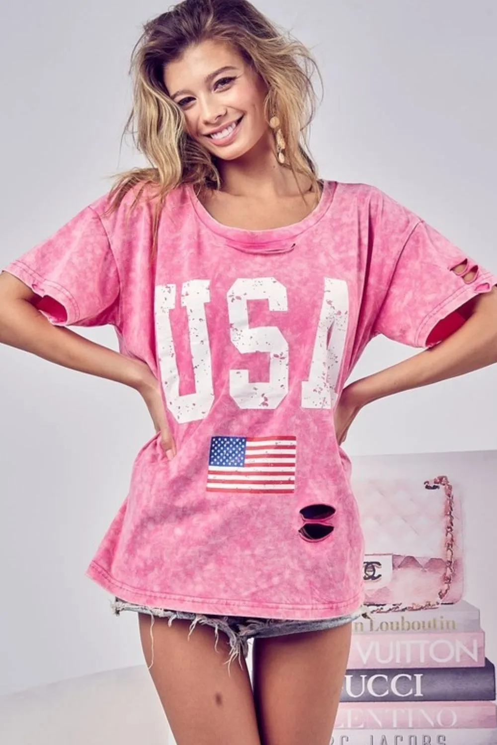 Distressed Americana Tee BiBi Washed American Flag Graphic Distressed T-Shirt