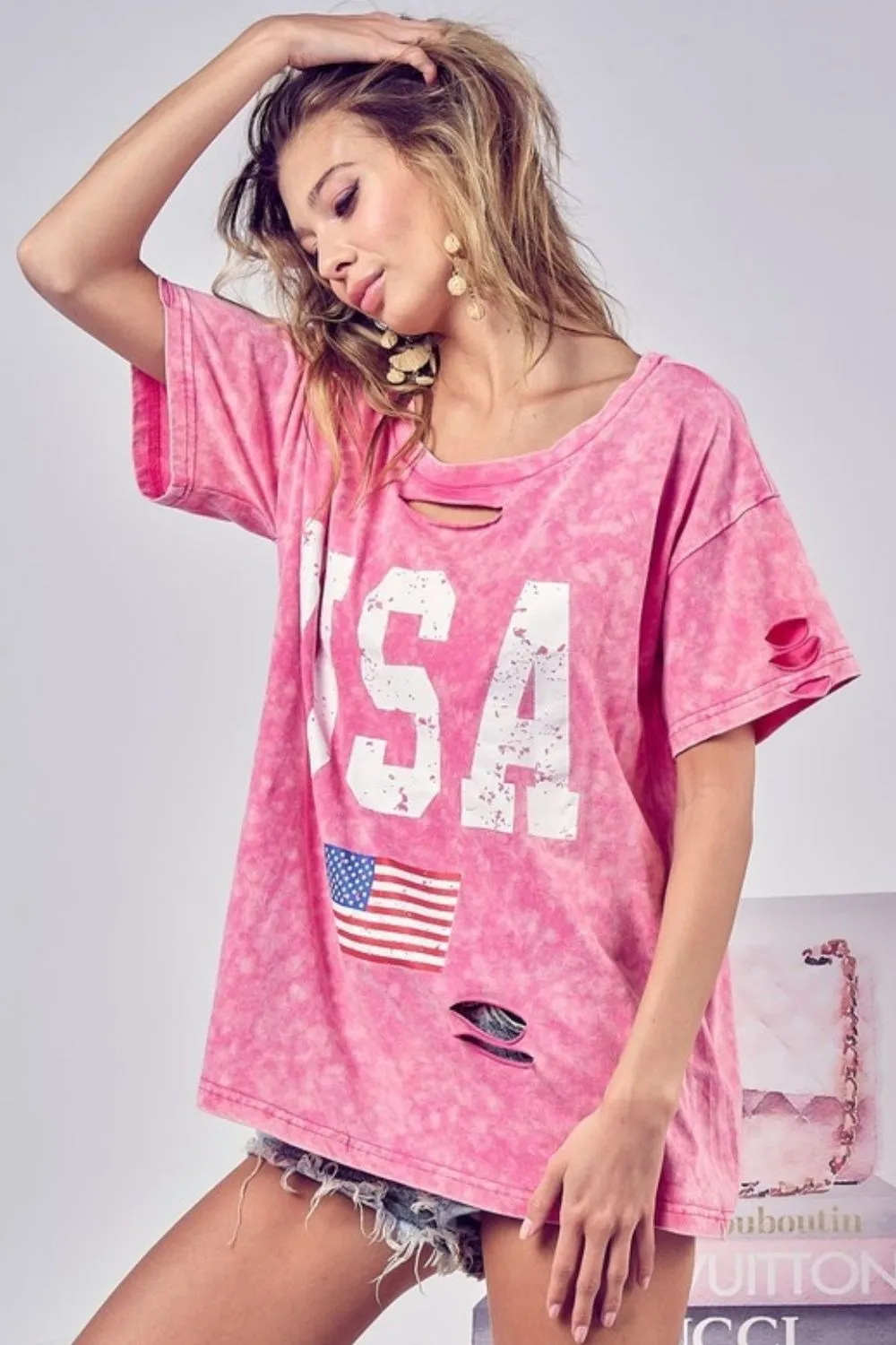 Distressed Americana Tee BiBi Washed American Flag Graphic Distressed T-Shirt