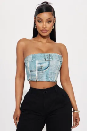 Down For It Denim Print Top - Blue/combo