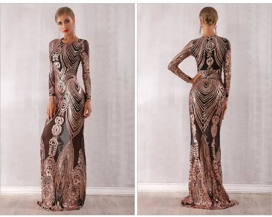 Elegant Mesh Long Sleeve Sequins Maxi Dress