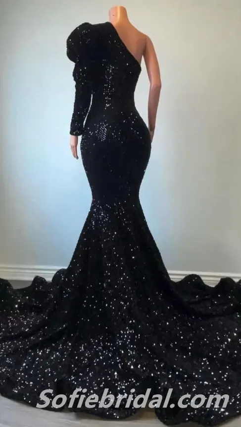 Elegant Sequin One Shoulder One sleeve Mermaid Long Floor Length Prom Dresses,SFPD0247