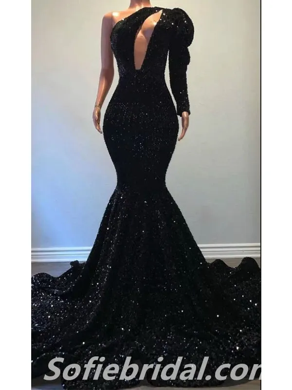 Elegant Sequin One Shoulder One sleeve Mermaid Long Floor Length Prom Dresses,SFPD0247