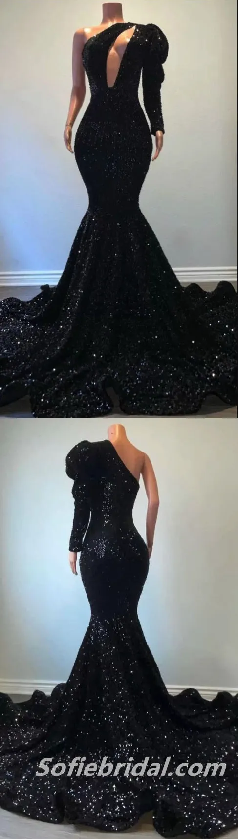 Elegant Sequin One Shoulder One sleeve Mermaid Long Floor Length Prom Dresses,SFPD0247