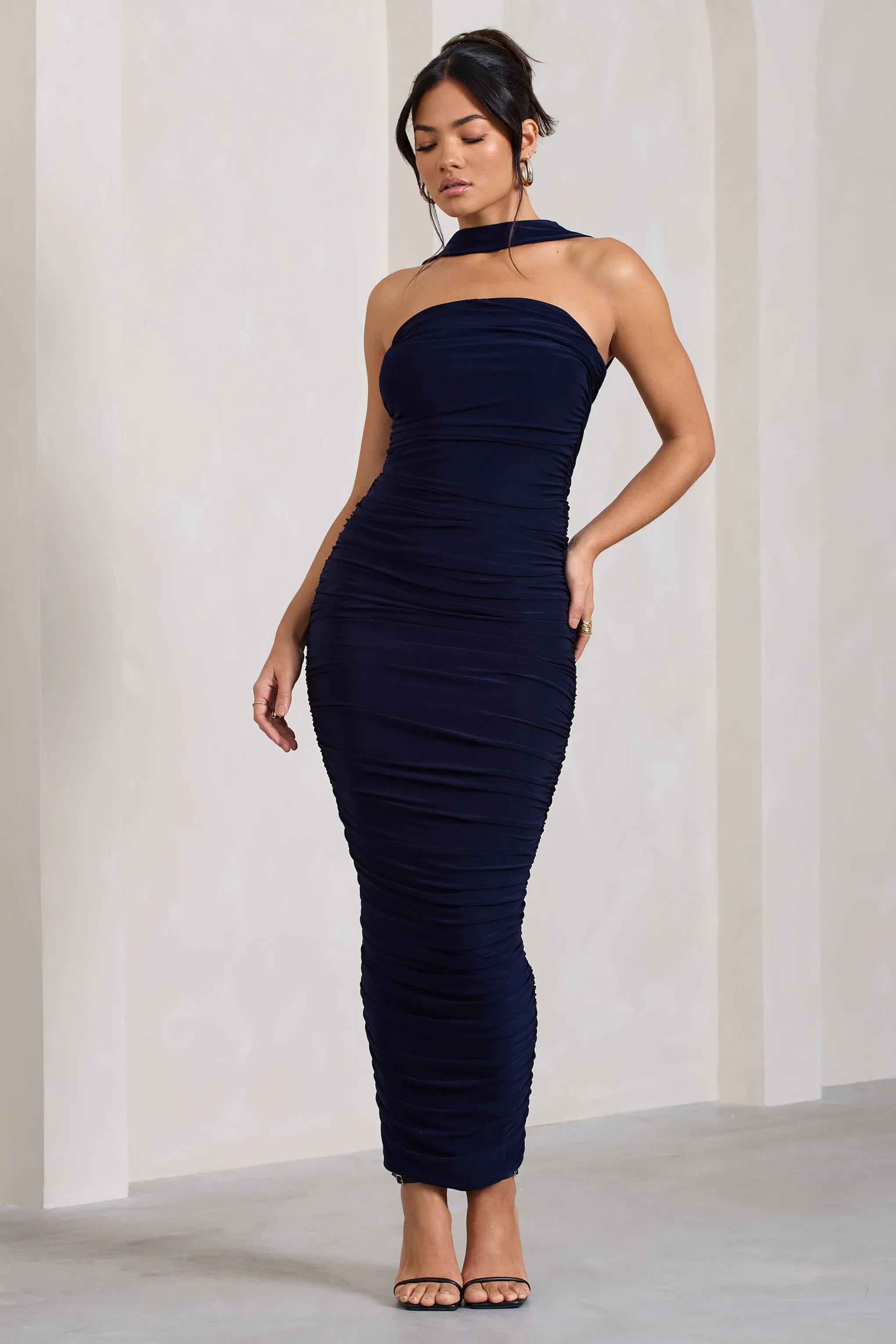 Entranced | Navy Ruched Bandeau Maxi Dress With Halter Collar