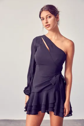 Geneva One Shoulder Chiffon Flare Dress - Black