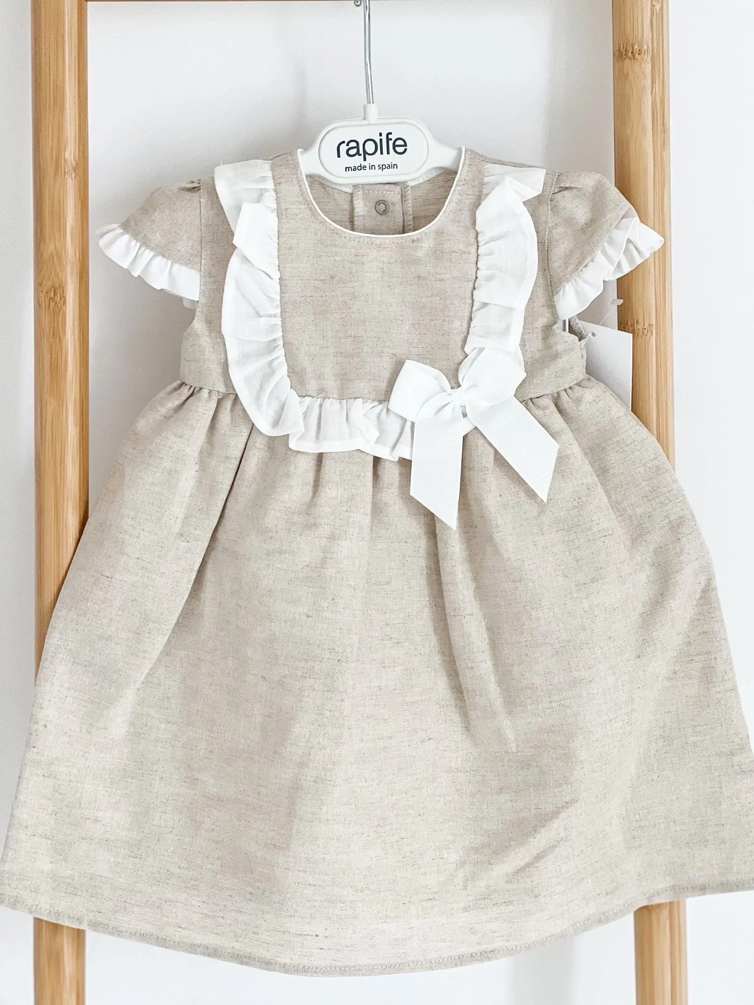 Girls Rapife Beige and Cream Dress With Bow Detail