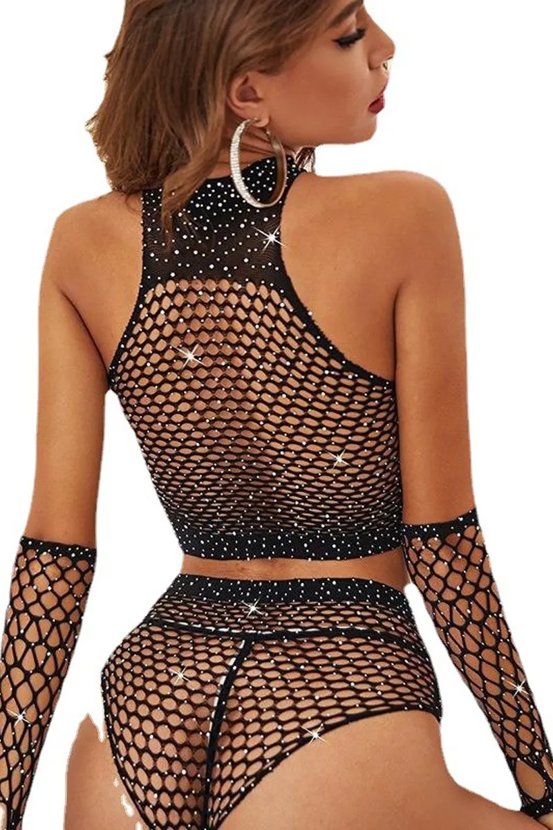 Glitter Hollow Out Fishnet Two Piece Panties Set