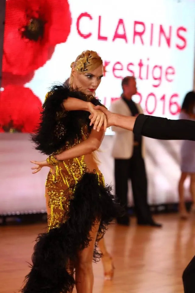 Gold & Black Latin Dress with Feathers