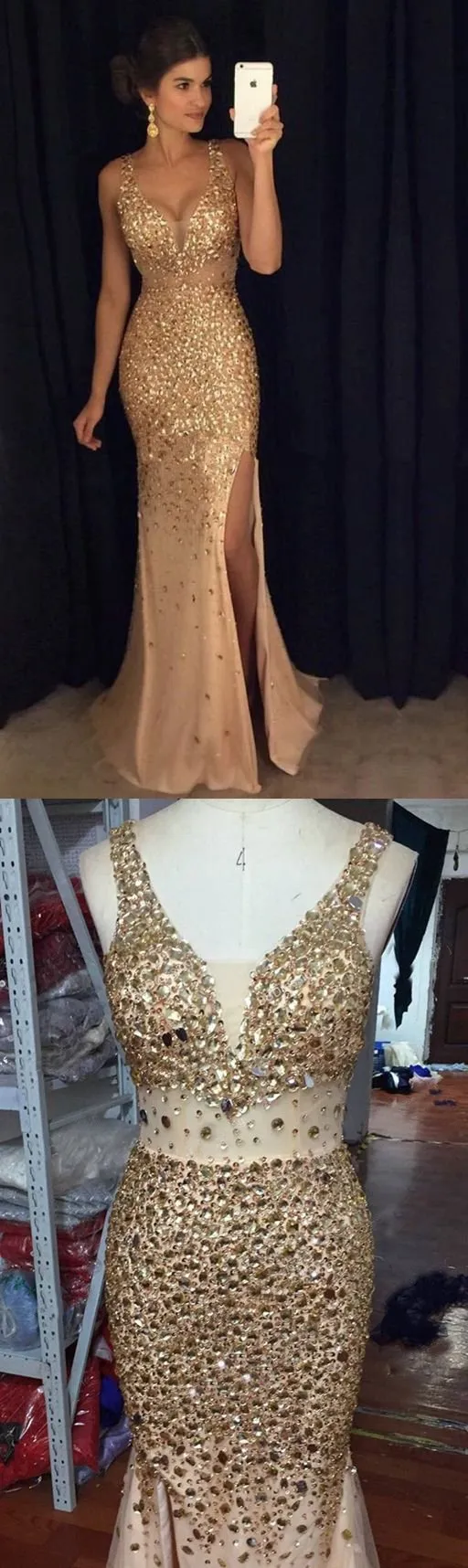 Gold Mermaid Prom Dress Cheap Long Tulle African Prom Dress #ER301