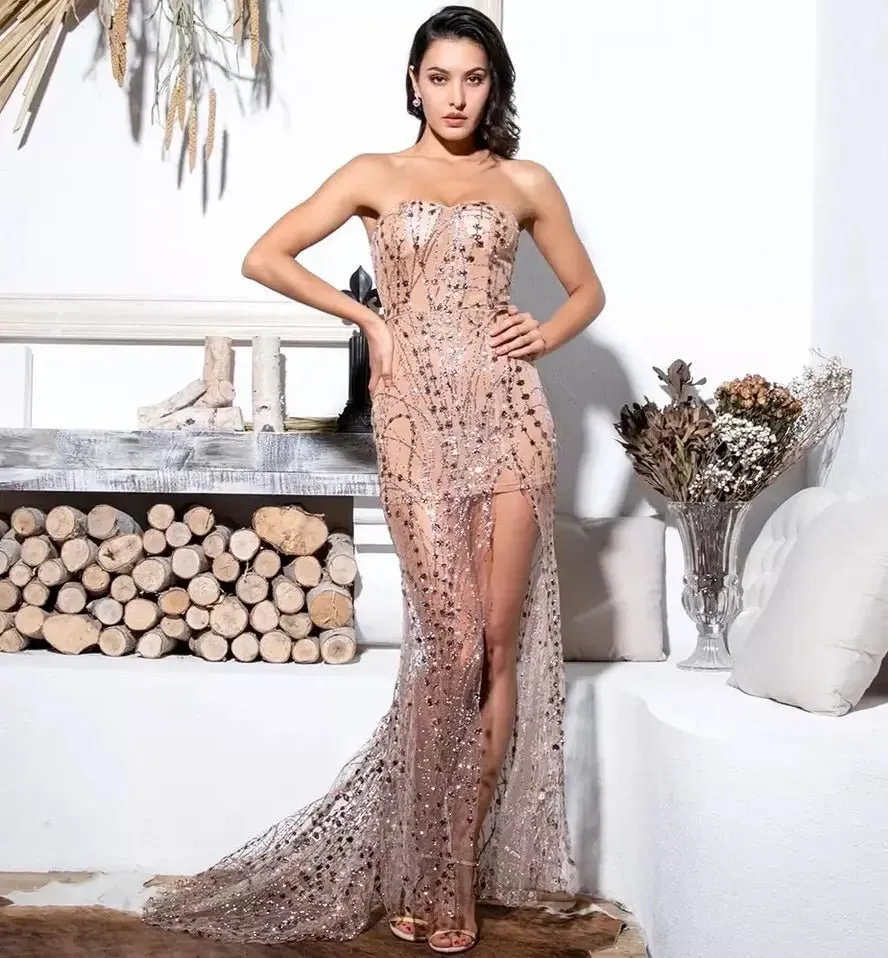 Gold Strapless Glitter Bodycon Maxi Dress