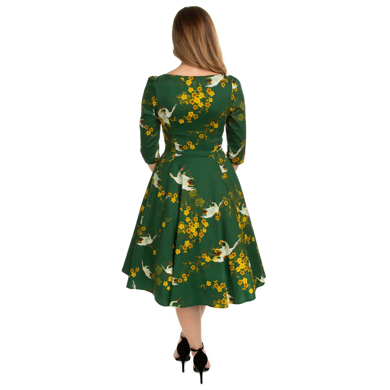 Green Birds & Blossom Print 3/4 Sleeve Vintage Style Swing Tea Dress With Pockets