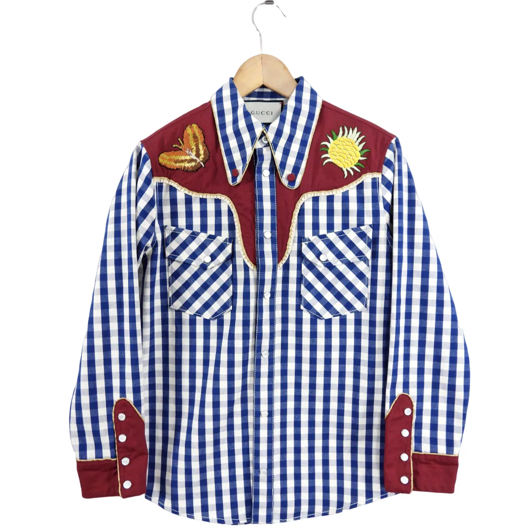 Gucci Blue and Red Check Snap Western Style Embroidered Shirt - S (4/6)