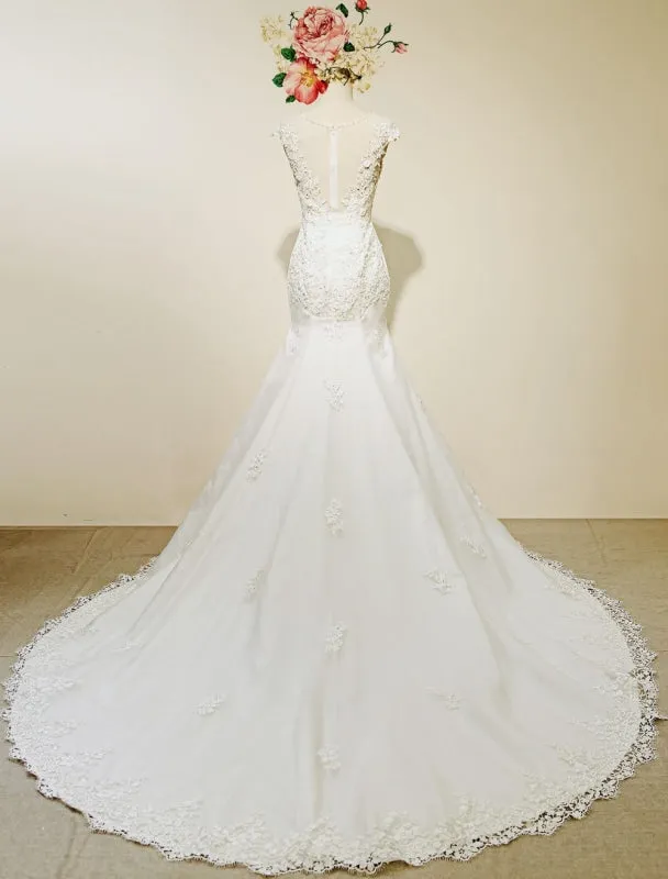 High Qulity Lace Mermaid Wedding Dress Illusion Chaple Train Ivory Beading Bridal Gown