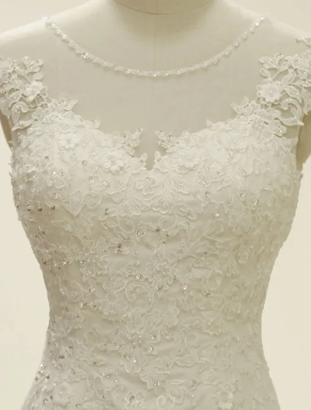 High Qulity Lace Mermaid Wedding Dress Illusion Chaple Train Ivory Beading Bridal Gown