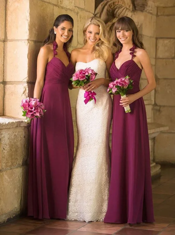 Hot-selling Spaghetti Straps V-neck Fuchsia Bridesmaid Dress Ruched