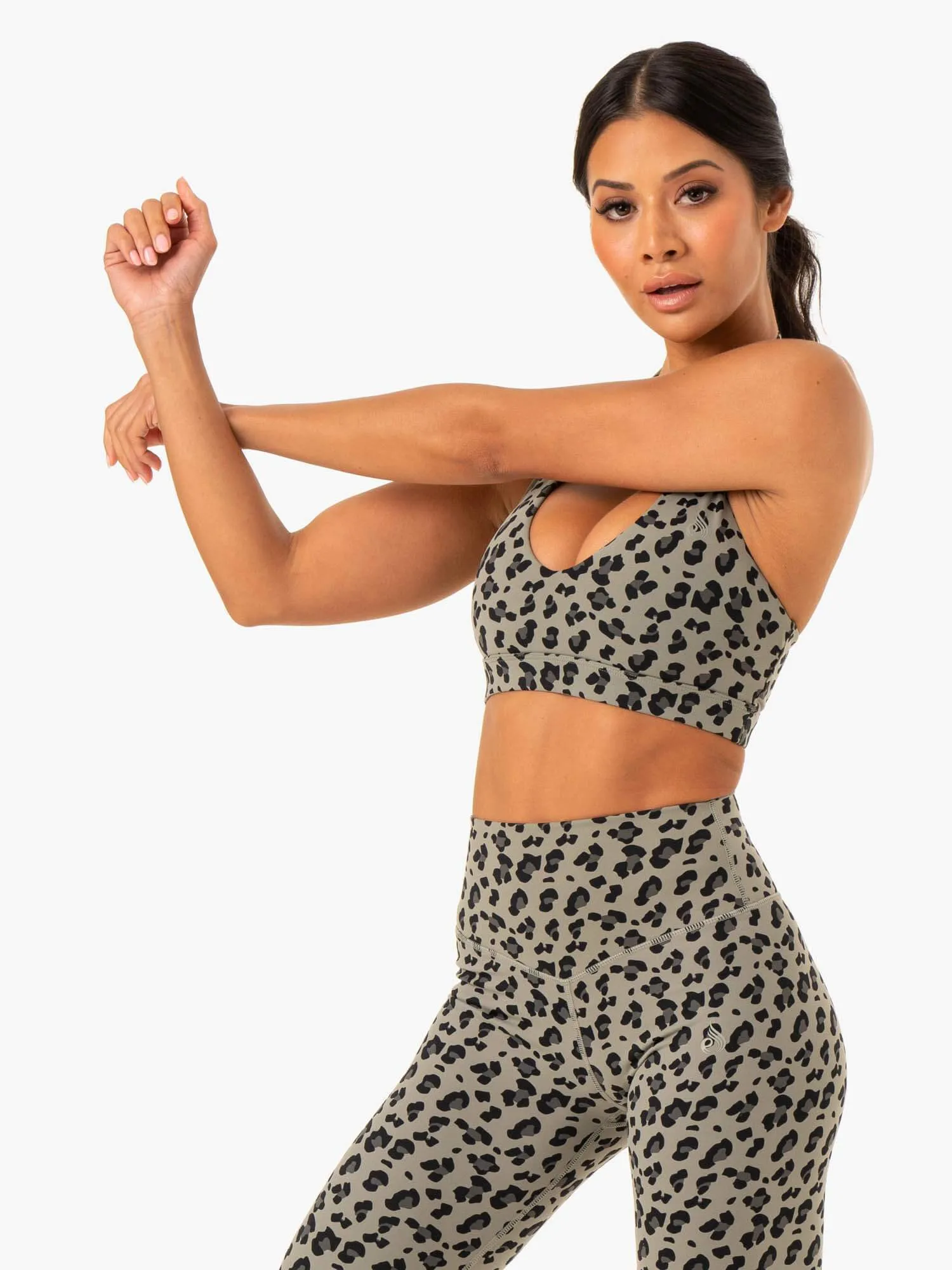 Hybrid Halter Sports Bra - Khaki Leopard