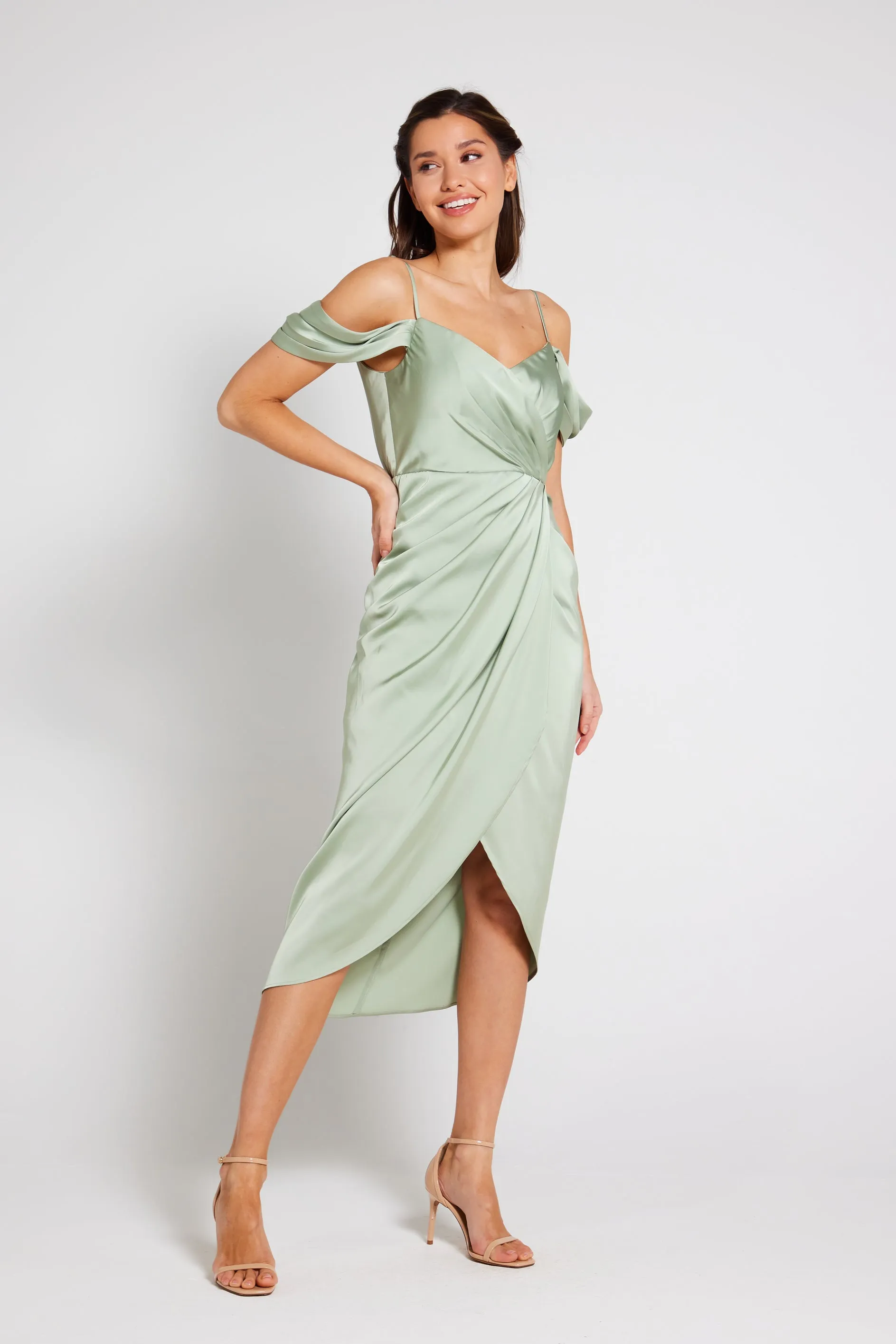 Isabella Bardot Satin Wrap Dress - Sage Green