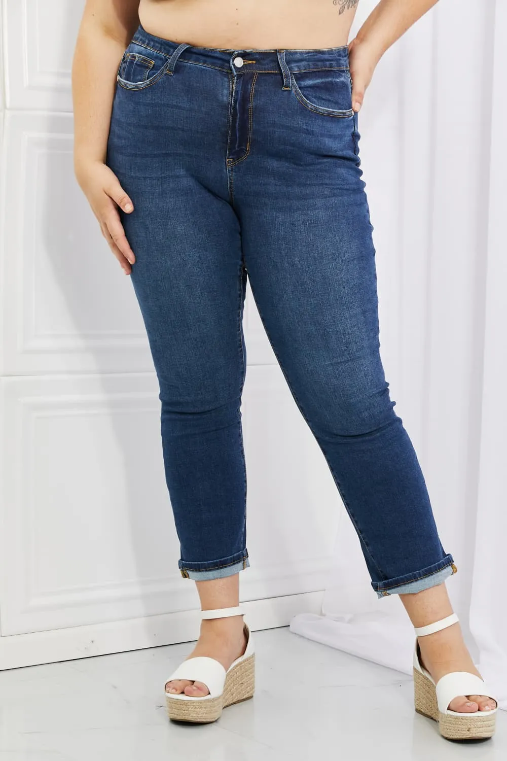 Judy Blue Crystal Full Size High Waisted Cuffed Boyfriend Jeans