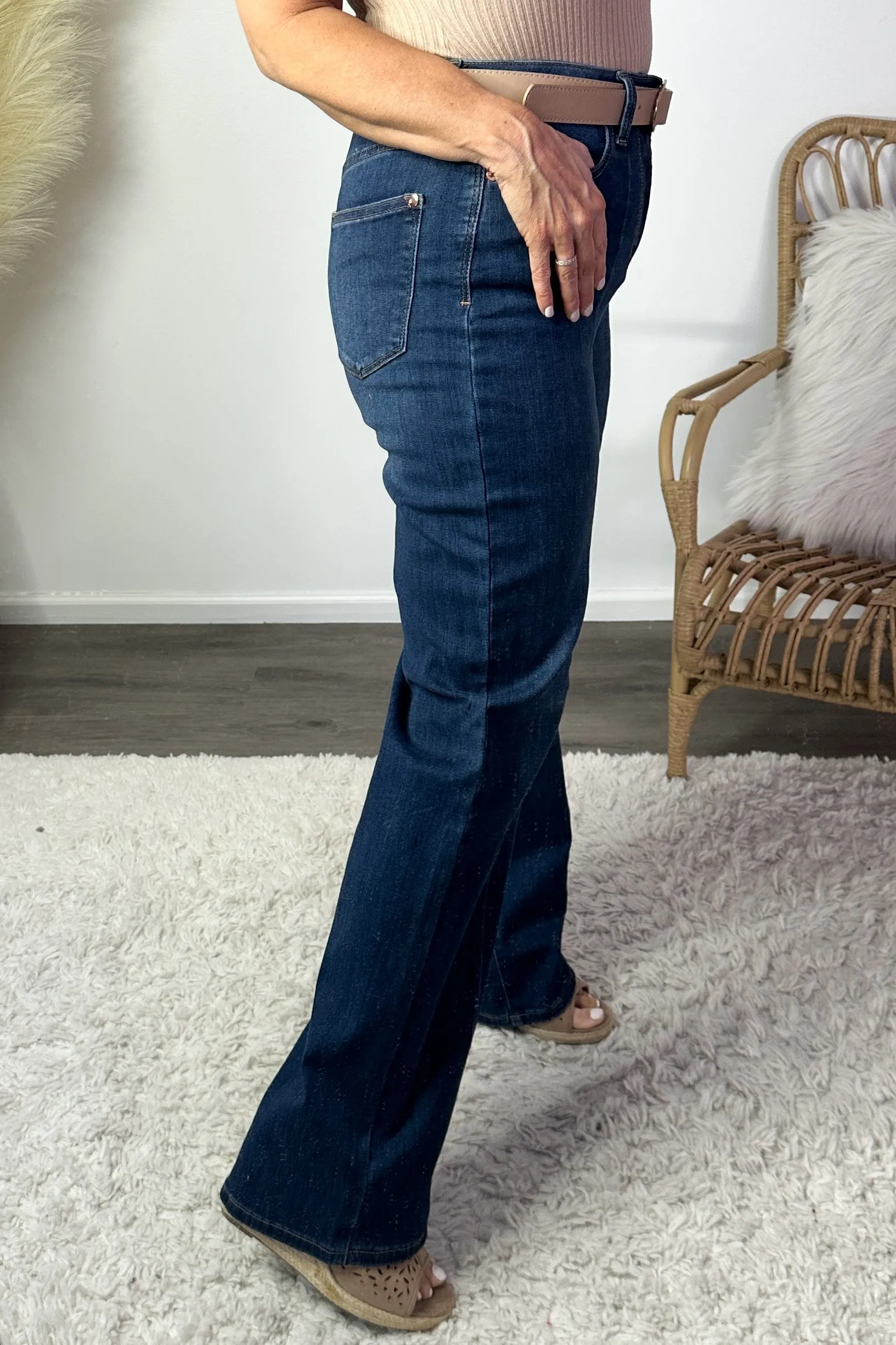 Judy Blue Joy Front Seam Wide Leg Jeans : Dark Blue