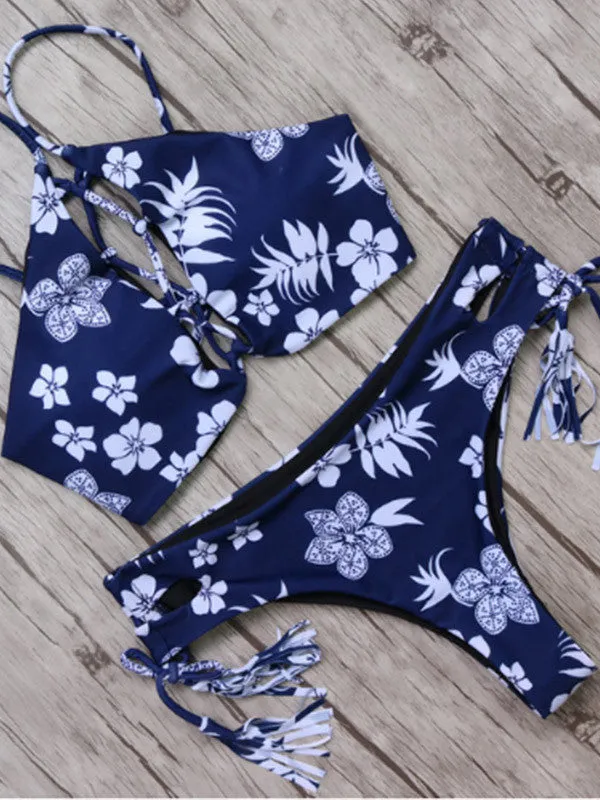 Lace Up Front&Sides Printed Bikini Set