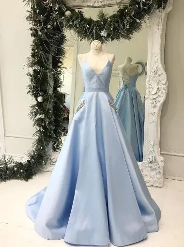 Light Sky Blue Cute Prom Dresses Spaghetti Straps Affordable Beaded Long Evening Gowns ER1062