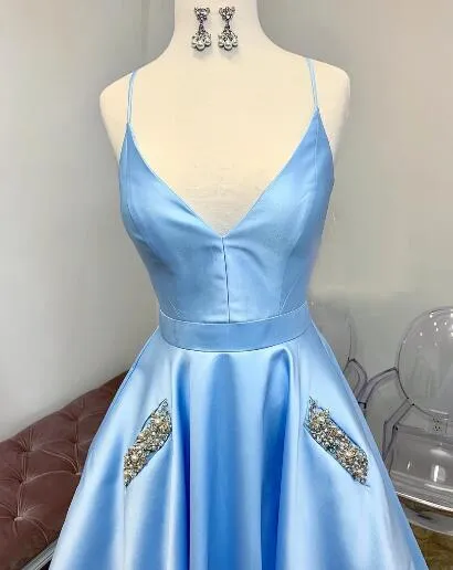 Light Sky Blue Cute Prom Dresses Spaghetti Straps Affordable Beaded Long Evening Gowns ER1062