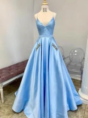 Light Sky Blue Cute Prom Dresses Spaghetti Straps Affordable Beaded Long Evening Gowns ER1062