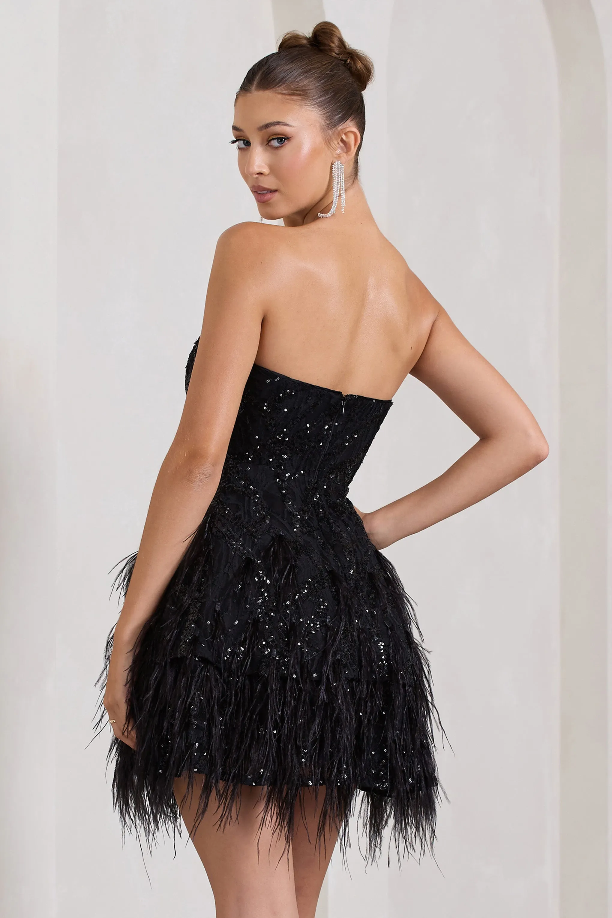 Little Wish | Black Sequin Lace Strapless Mini Dress With Feathers