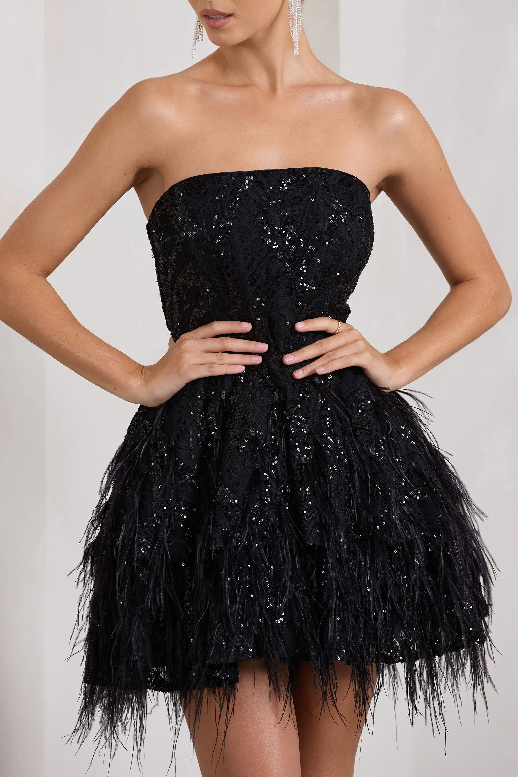 Little Wish | Black Sequin Lace Strapless Mini Dress With Feathers