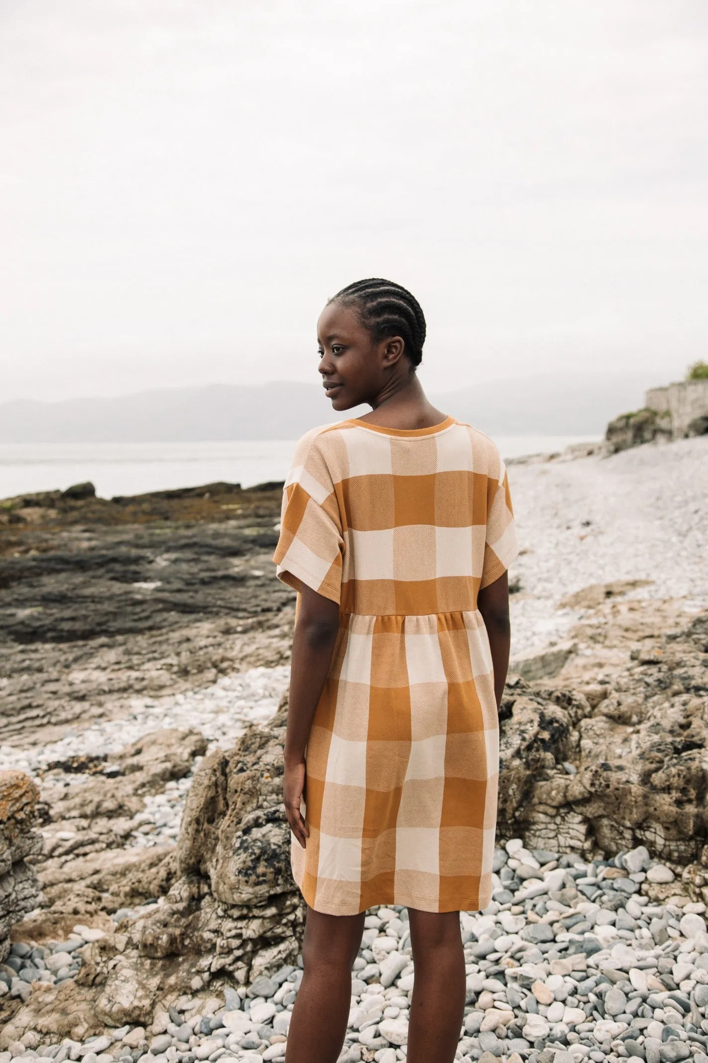 Lois-Cay Organic Cotton Dress in Ecru and Golden Tan