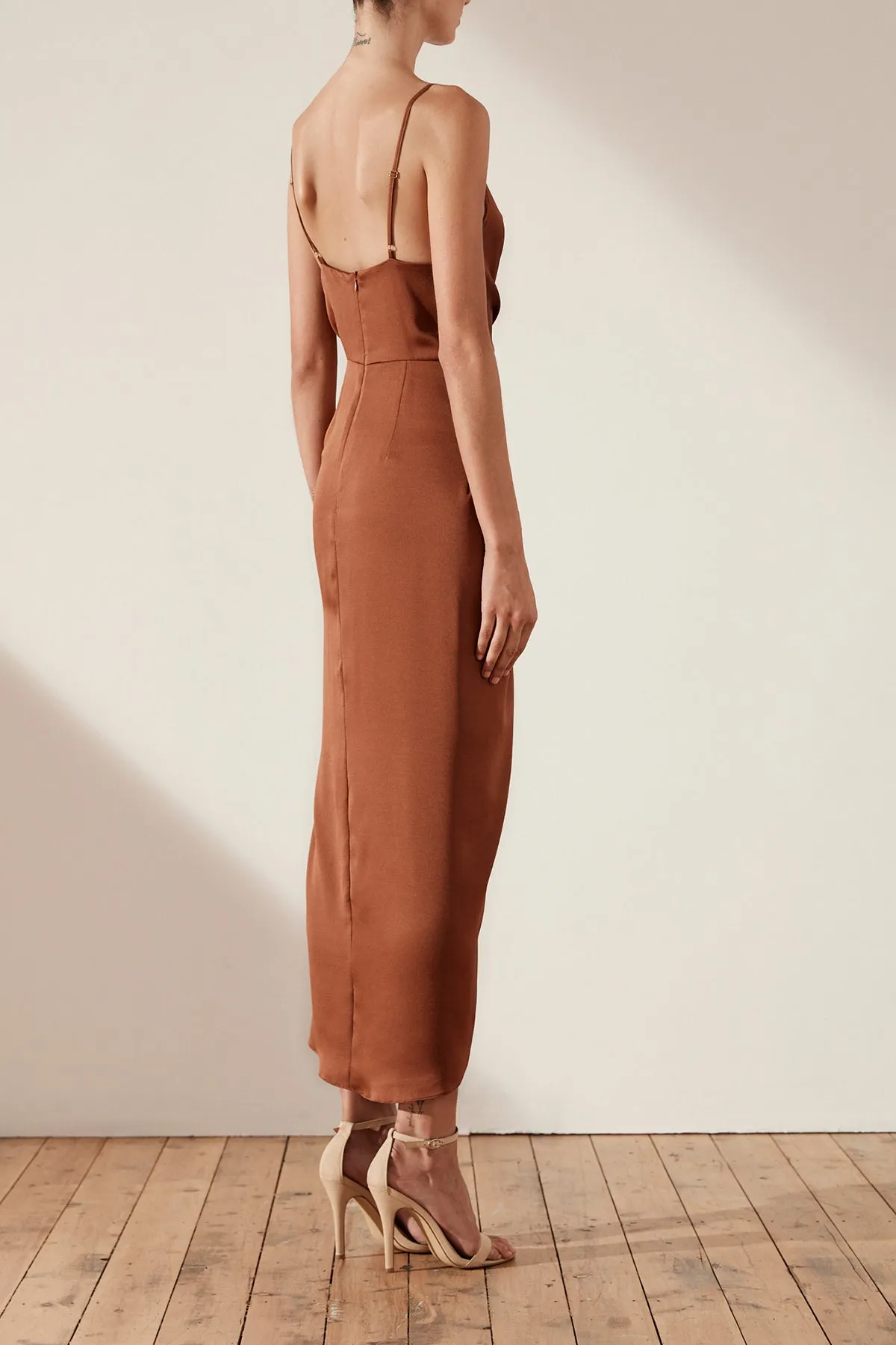 LUXE TIE FRONT COCKTAIL DRESS - MOCHA