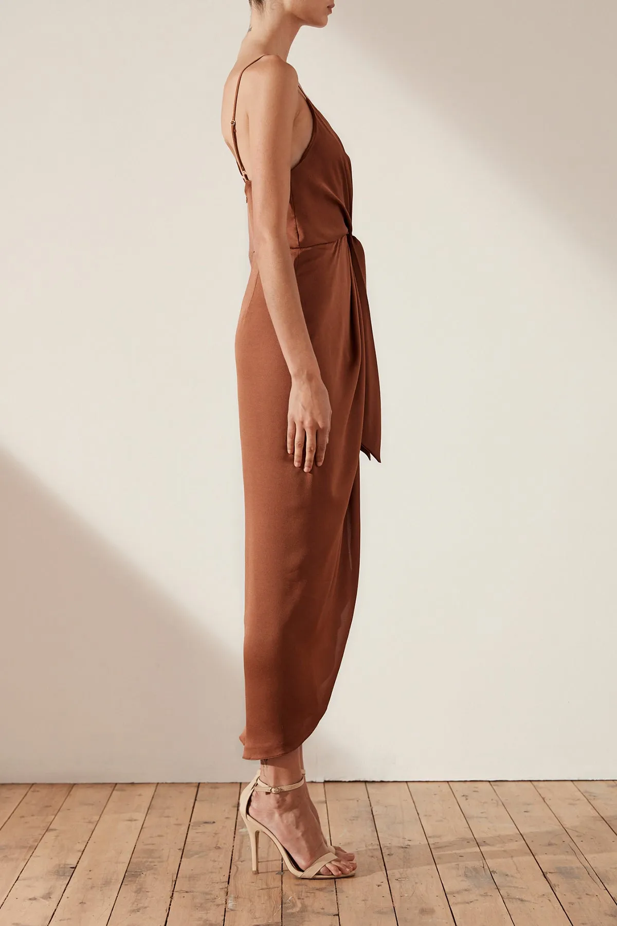 LUXE TIE FRONT COCKTAIL DRESS - MOCHA