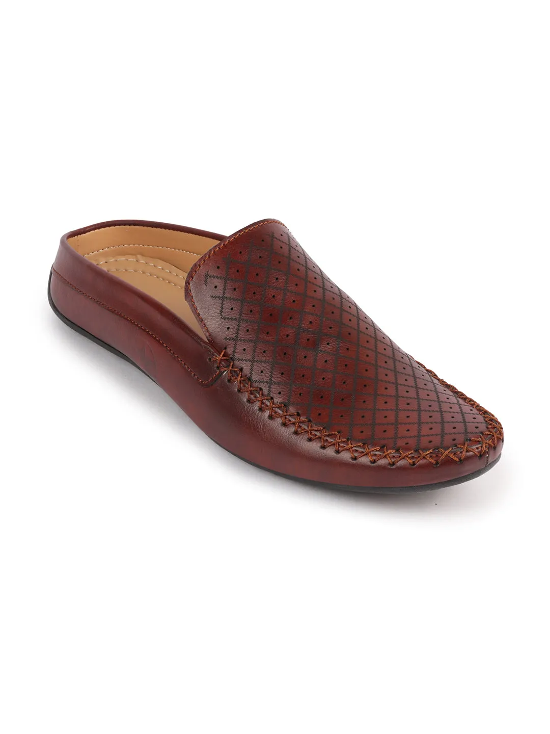 Men Maroon Stitched Block Design Pattern Back Open Slip On Loafer Shoes