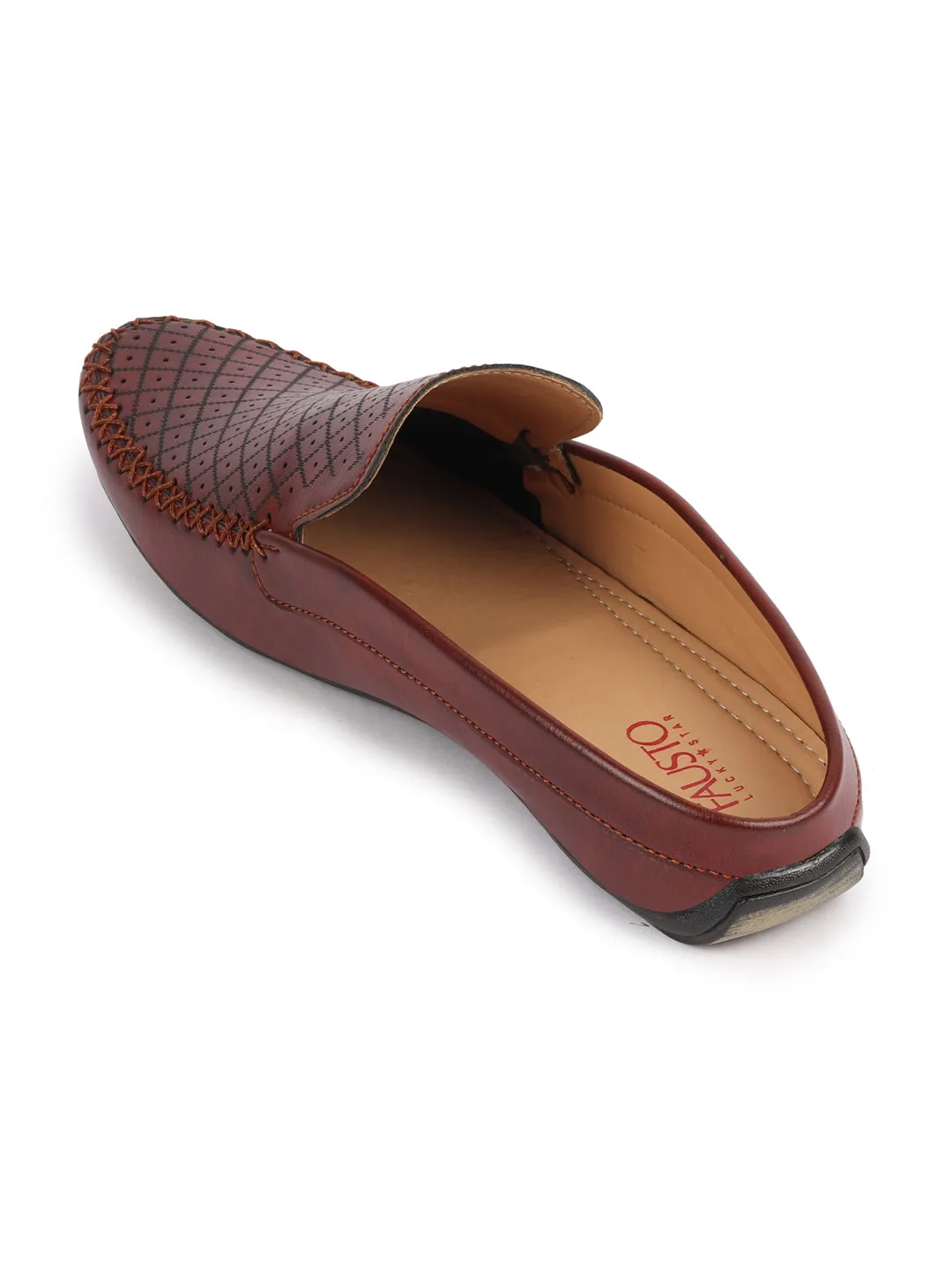 Men Maroon Stitched Block Design Pattern Back Open Slip On Loafer Shoes