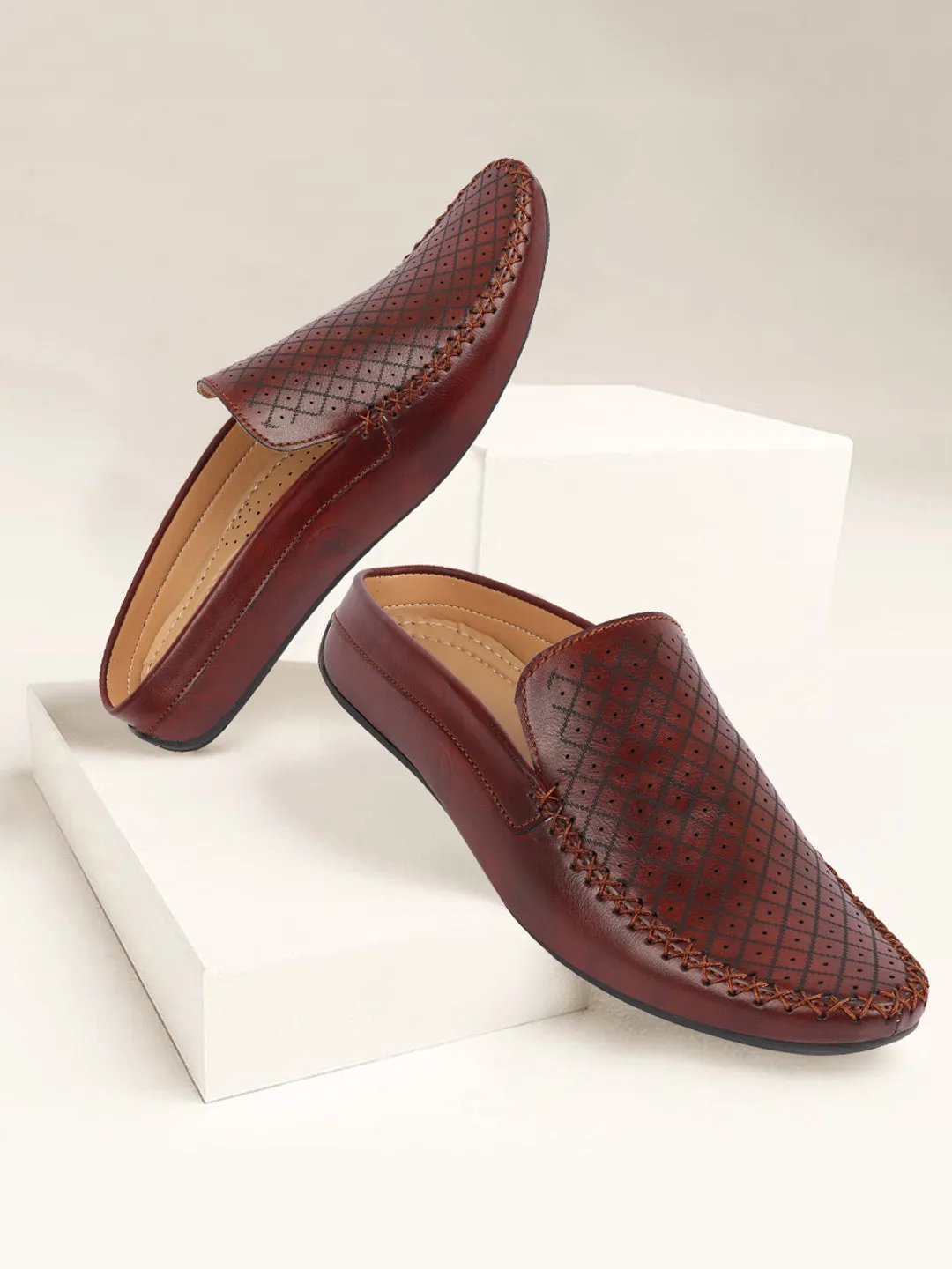 Men Maroon Stitched Block Design Pattern Back Open Slip On Loafer Shoes