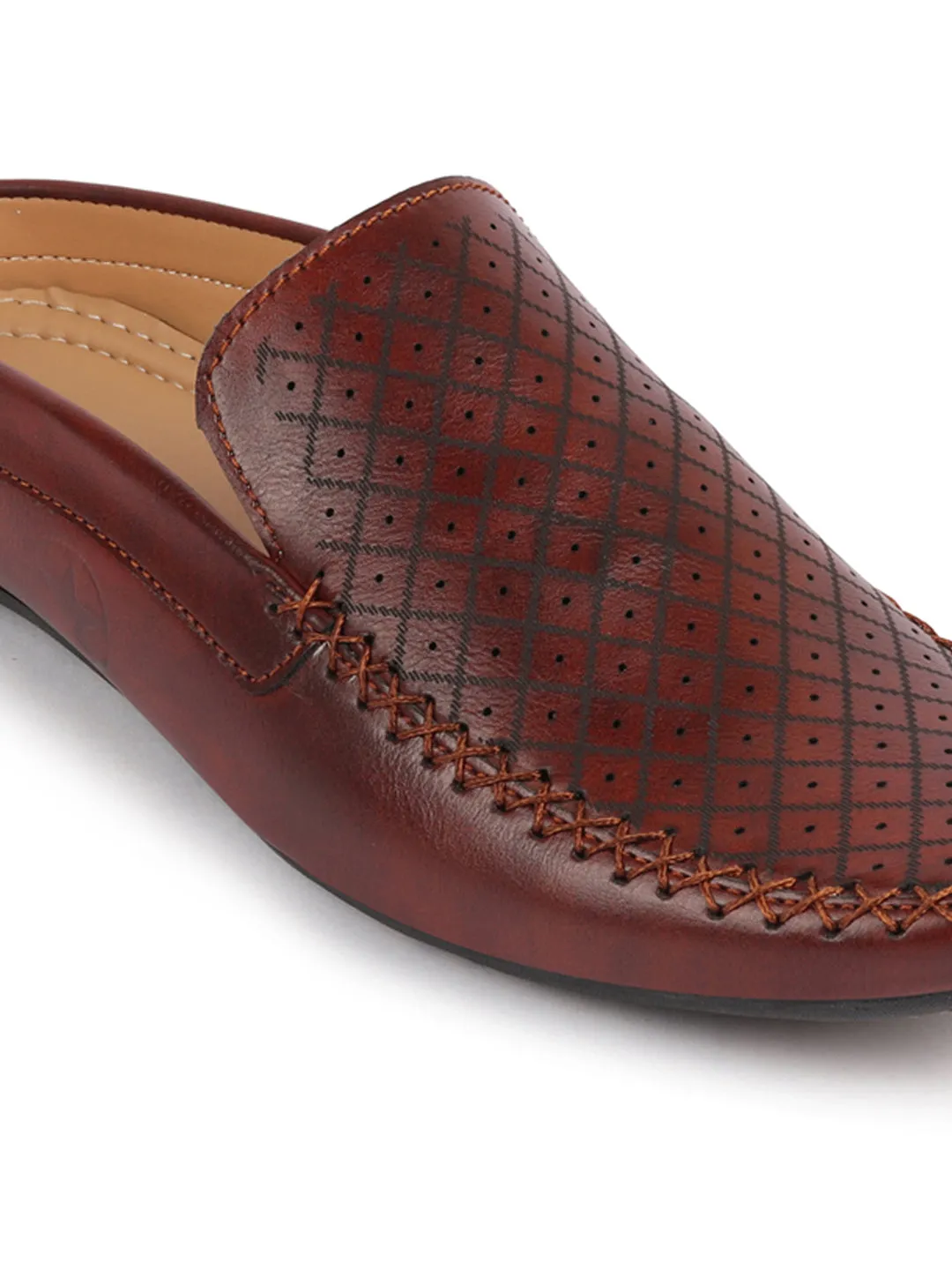 Men Maroon Stitched Block Design Pattern Back Open Slip On Loafer Shoes