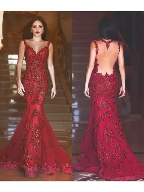 Mermaid Burgundy Prom Dress Sexy Lace Afrian Popular Prom Dress #ER367