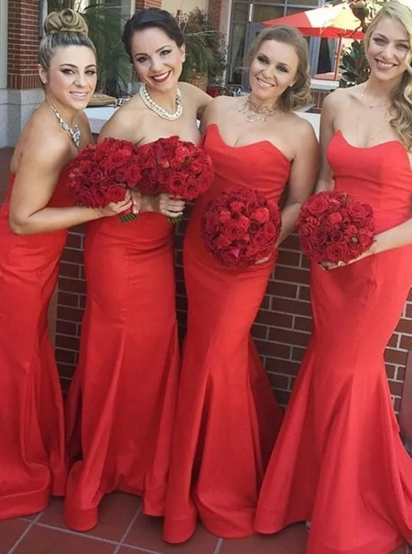 Mermaid Sweetheart Sweep Train Red Satin Bridesmaid Dress