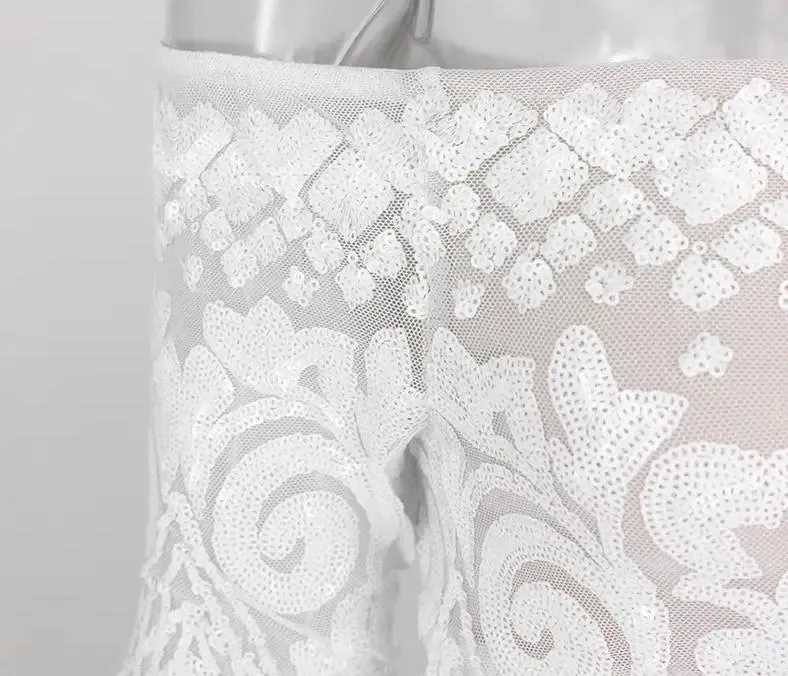 Mesh White Lace Sequin Maxi Dress